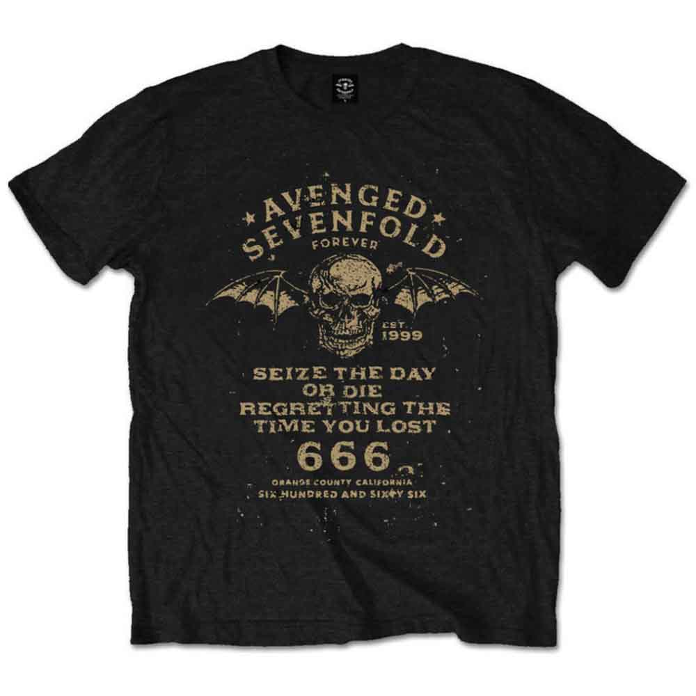 Black Avenged Sevenfold t-shirt with skull and text graphic, worn by a man.