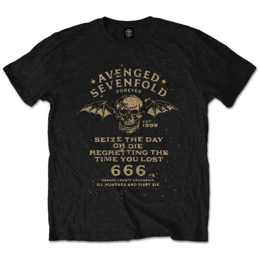 Black Avenged Sevenfold t-shirt with skull and text graphic, worn by a man.