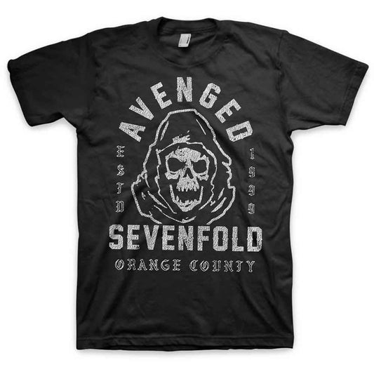 Black Avenged Sevenfold t-shirt with a distressed skull and text design.