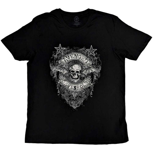 Black t-shirt with a detailed skull and band name graphic.