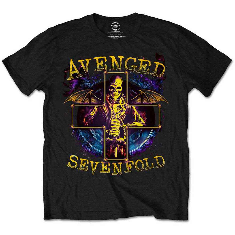 Black Avenged Sevenfold t-shirt with skull and cross graphic.