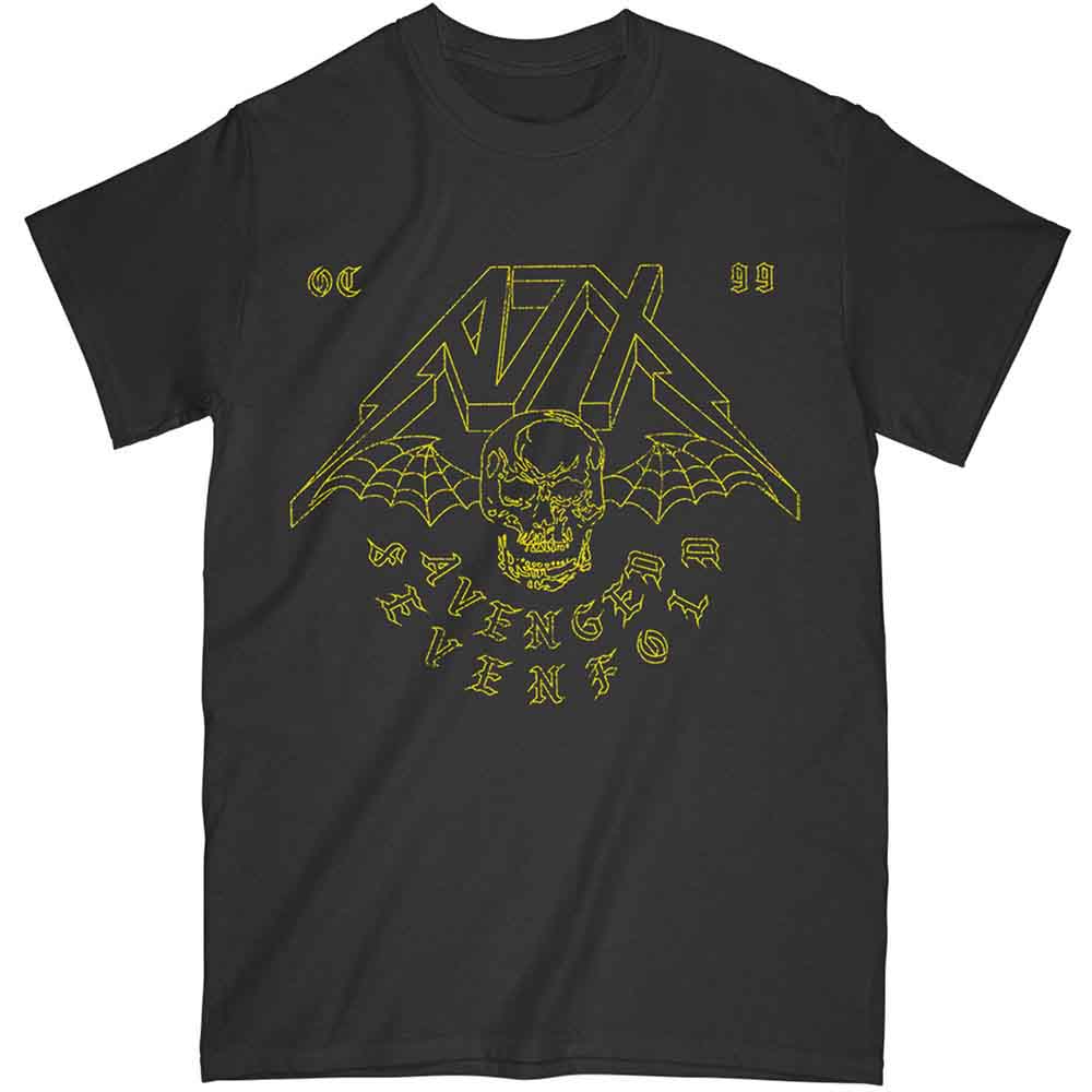 Black Avenged Sevenfold t-shirt with yellow skull and webbed wings design.