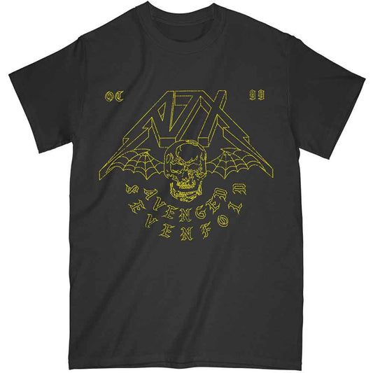 Black Avenged Sevenfold t-shirt with yellow skull and webbed wings design.