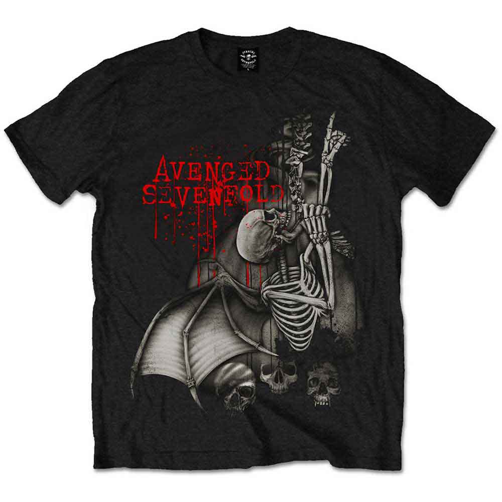 Black Avenged Sevenfold t-shirt with skeletal figure and band name graphic.
