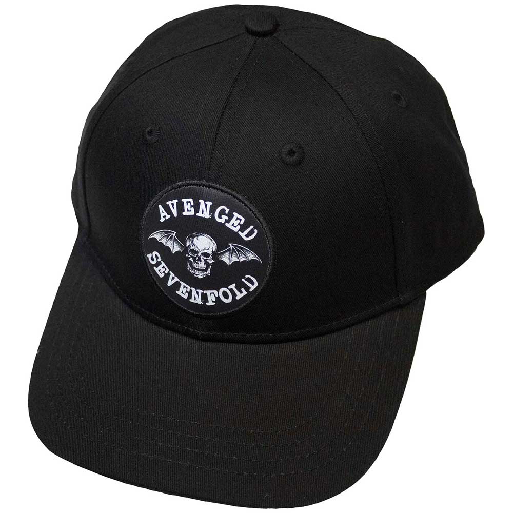 Black baseball cap featuring the white Avenged Sevenfold Deathbat logo embroidered on the front.