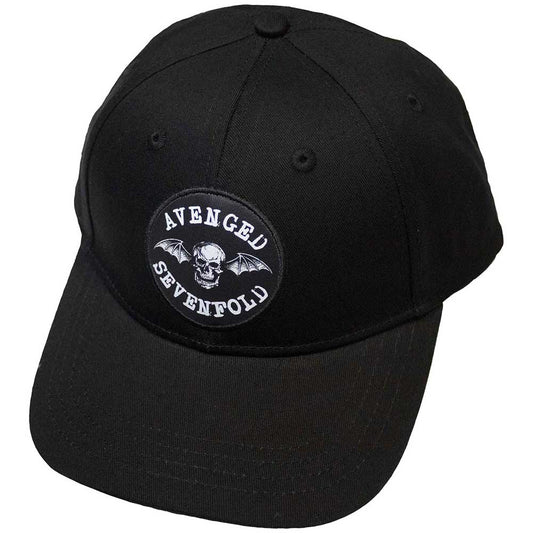 Black baseball cap featuring the white Avenged Sevenfold Deathbat logo embroidered on the front.
