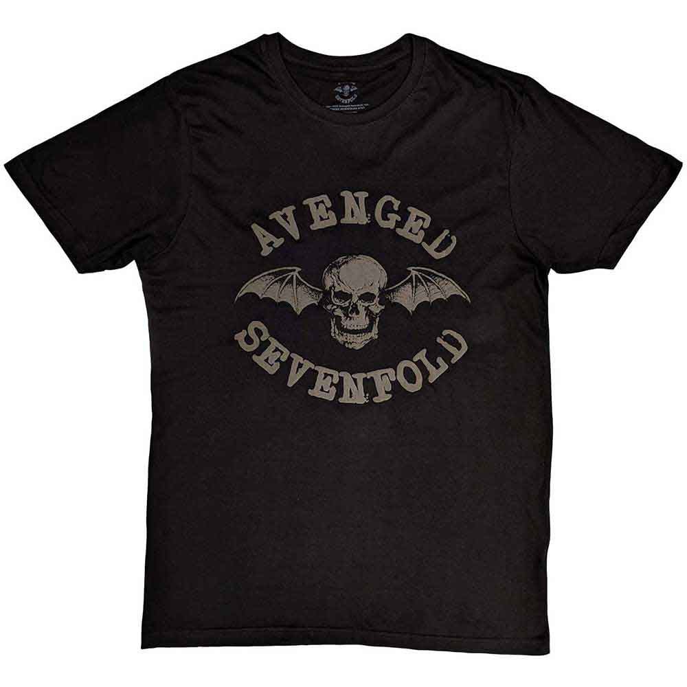 Black t-shirt with Avenged Sevenfold’s Deathbat logo, size X-Large.