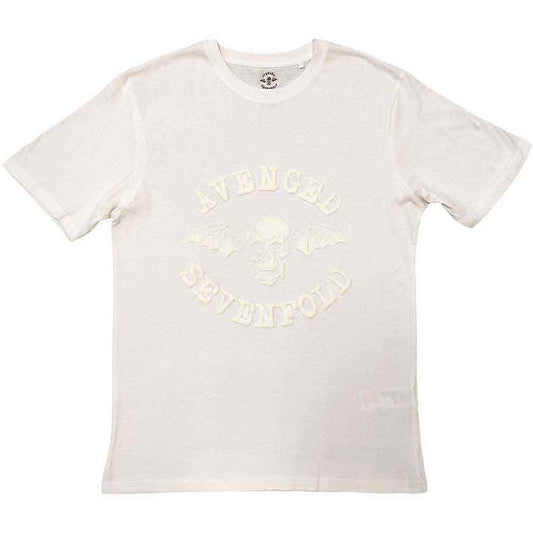 White unisex t-shirt featuring a tonal white Avenged Sevenfold Deathbat logo on the chest.