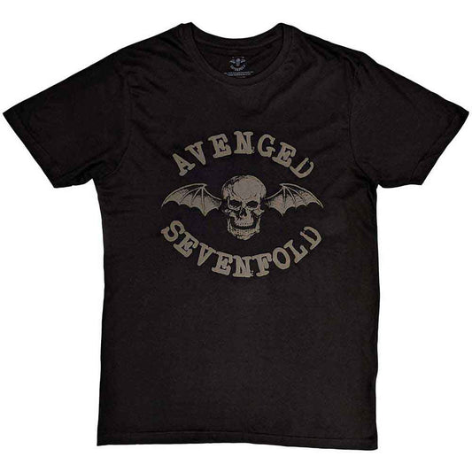 Black t-shirt with Avenged Sevenfold’s Deathbat logo, size X-Large.