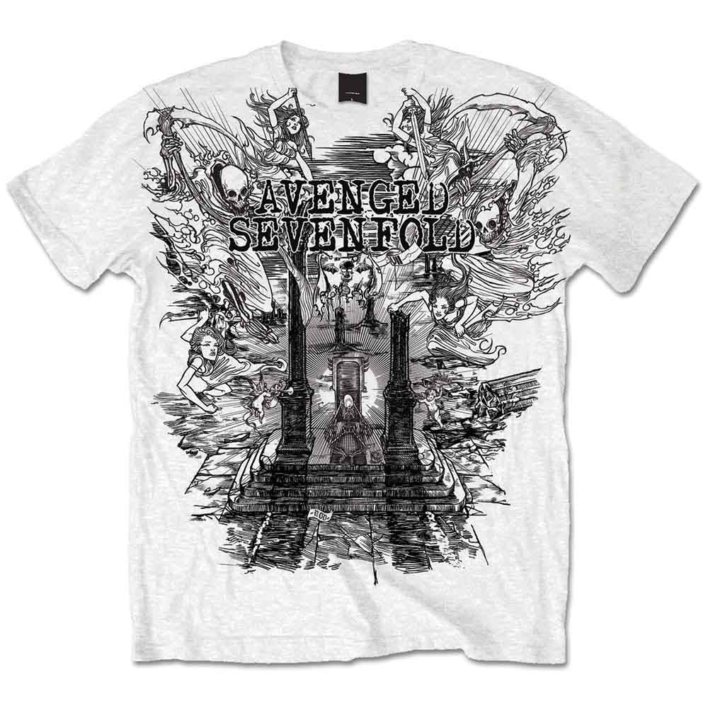 White t-shirt with black and grey Avenged Sevenfold "Land of Cain" artwork.