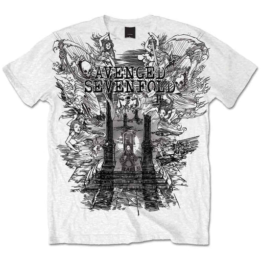 White t-shirt with black and grey Avenged Sevenfold "Land of Cain" artwork.