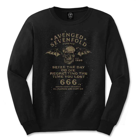 Black X-Large t-shirt featuring Avenged Sevenfold band graphics and "Seize the Day" text.
