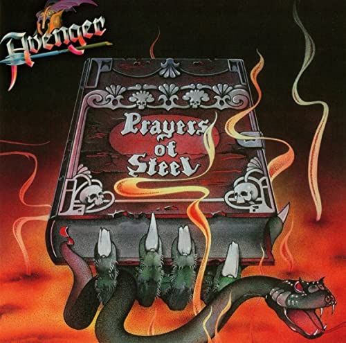 A clawed monster hand holds a book titled Prayers of Steel over fiery ground.