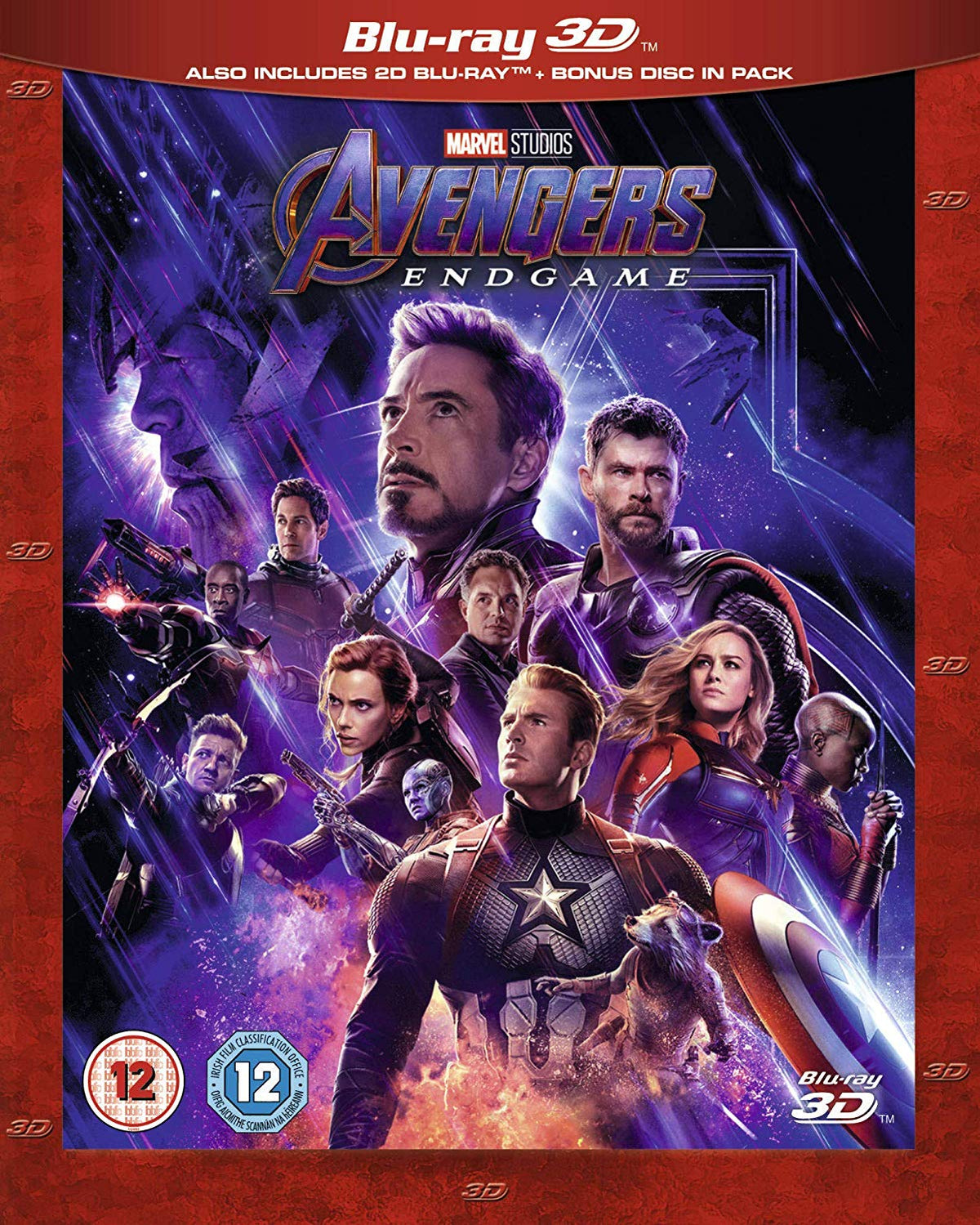 "Avengers: Endgame Blu-ray case featuring the movie's superhero characters on a purple background."