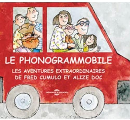 Red illustrated car with people in windows, text in French.