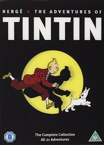 DVD cover for "The Adventures of Tintin" featuring Tintin, Snowy, and a shadow.