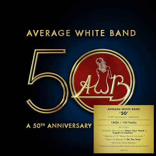 Average White Band 50th Anniversary CD cover with gold text and a circular logo.