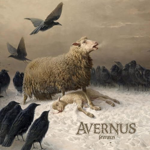 Painting of a sheep, baby lamb, and circling black birds; album cover.
