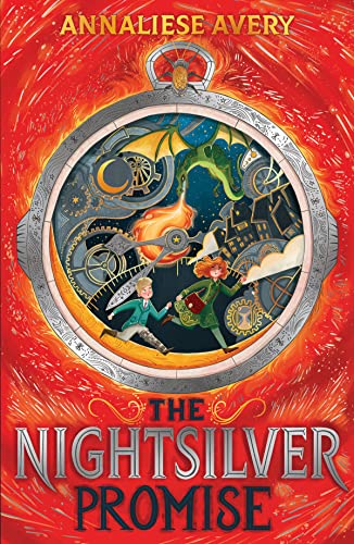 Book cover: children running through a fantastical clockwork city with a dragon.