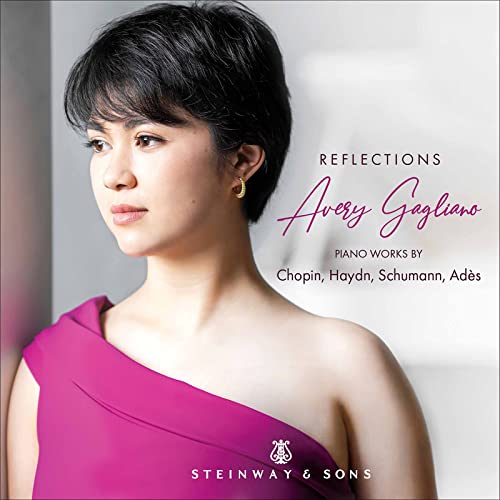 CD cover featuring pianist Avery Gagliano in a pink dress.