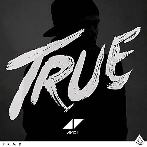Avicii's "True" album cover: a man with large, white brushstroke text.