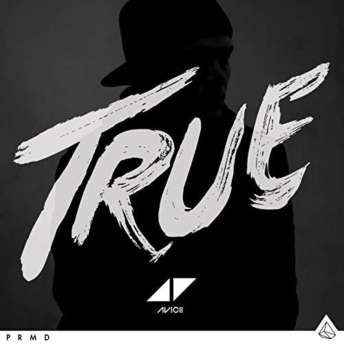 Avicii “True” album cover: man in hat with white brushstroke text.