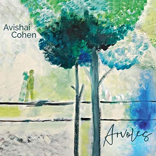 "Album cover featuring a watercolor painting of a person walking past trees."