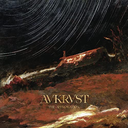 Dark, swirling album cover for Avkrvst’s “The Approbation” with a rocky landscape.
