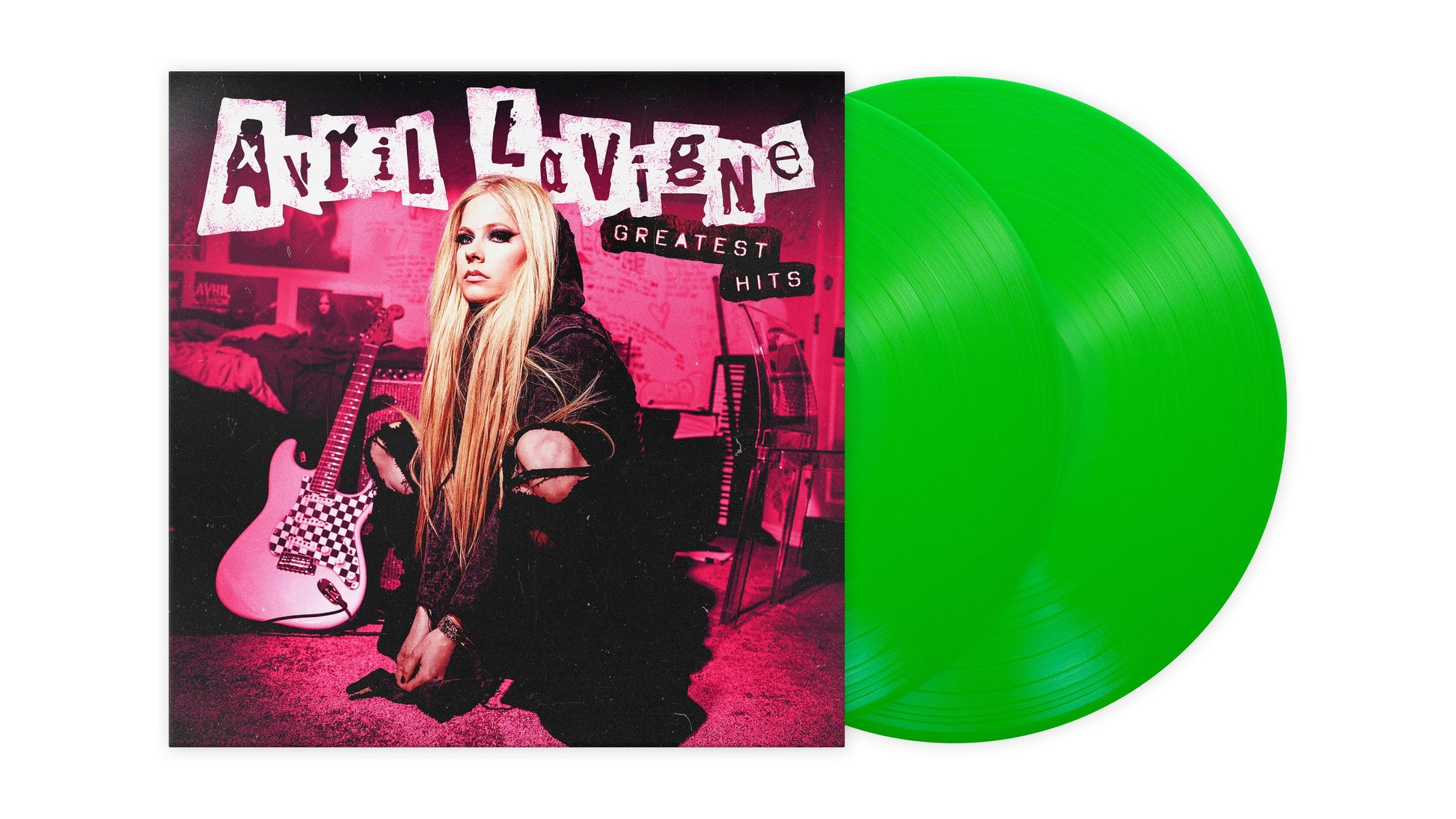 Avril Lavigne Greatest Hits vinyl album cover and two bright green vinyl records.