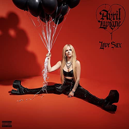 Avril Lavigne album cover, red background, holding black balloons, split pose.