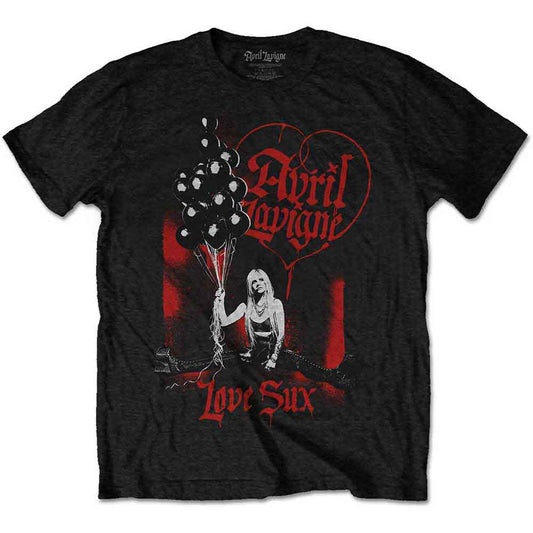 Black t-shirt with Avril Lavigne “Love Sux” balloon graphic, size medium.