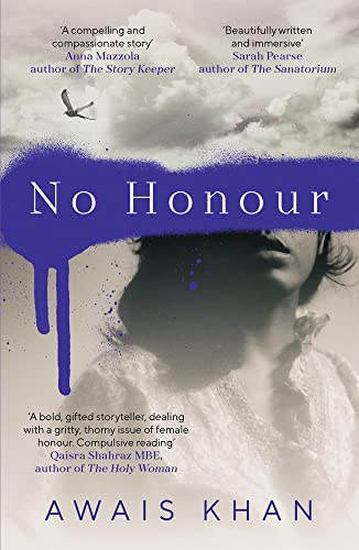Book cover: "No Honour" by Awais Khan, with a woman’s face and bird silhouette.