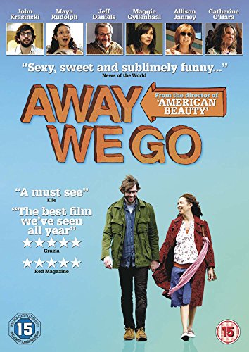 DVD cover for Away We Go featuring a couple walking against a blue background.