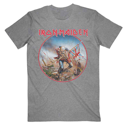 Gray t-shirt with a circular Iron Maiden graphic of Eddie h