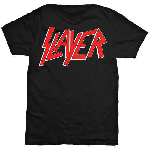 Black t-shirt with red "SLAYER" logo centered on the chest.