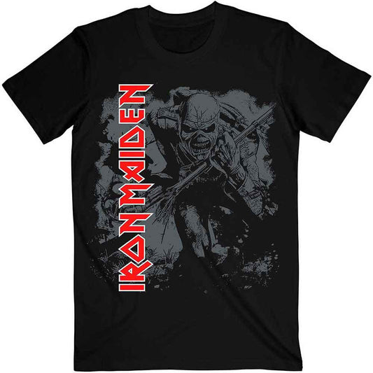 Black t-shirt with large Iron Maiden "Trooper" graphic on front.