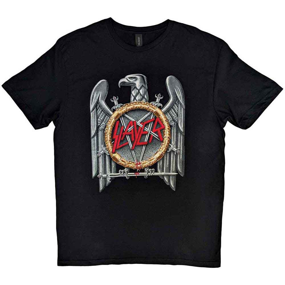 Black t-shirt with silver eagle and "Slayer" logo graphic print.
