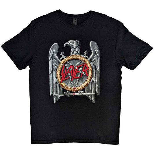 Black t-shirt with silver eagle and "Slayer" logo graphic print.