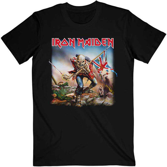 A man wearing a black Iron Maiden Trooper t-shirt with a graphic print.