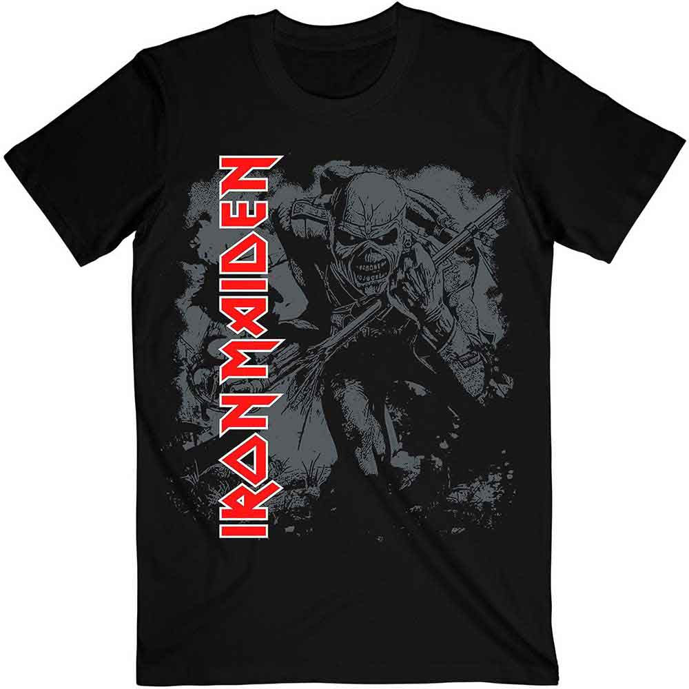 Black t-shirt with large Iron Maiden "Trooper" graphic on front.