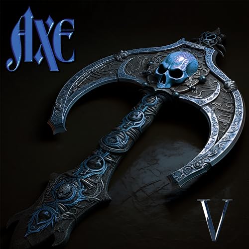 Fantasy axe with a skull, ornate silver and blue design, vinyl record.