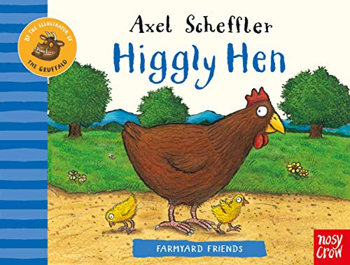 A brown hen and two yellow chicks walk on a path in a field.