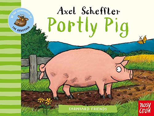 A pink pig stands on a muddy farm path with green hills in the background.