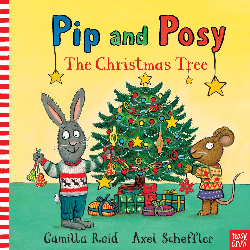 Rabbit and mouse with a decorated Christmas tree and presents.