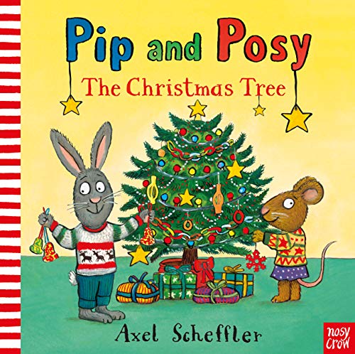 Rabbit and mouse with decorated Christmas tree, book cover illustration.