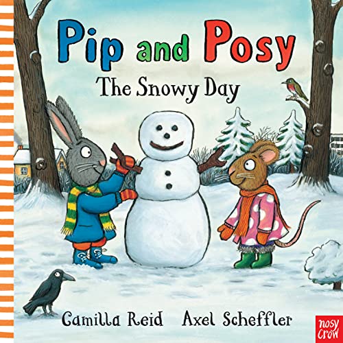 Rabbit and mouse building a snowman in a snowy winter scene.