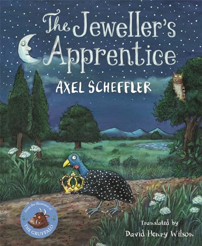 Book cover: "The Jeweller's Apprentice" with a bird wearing a crown.