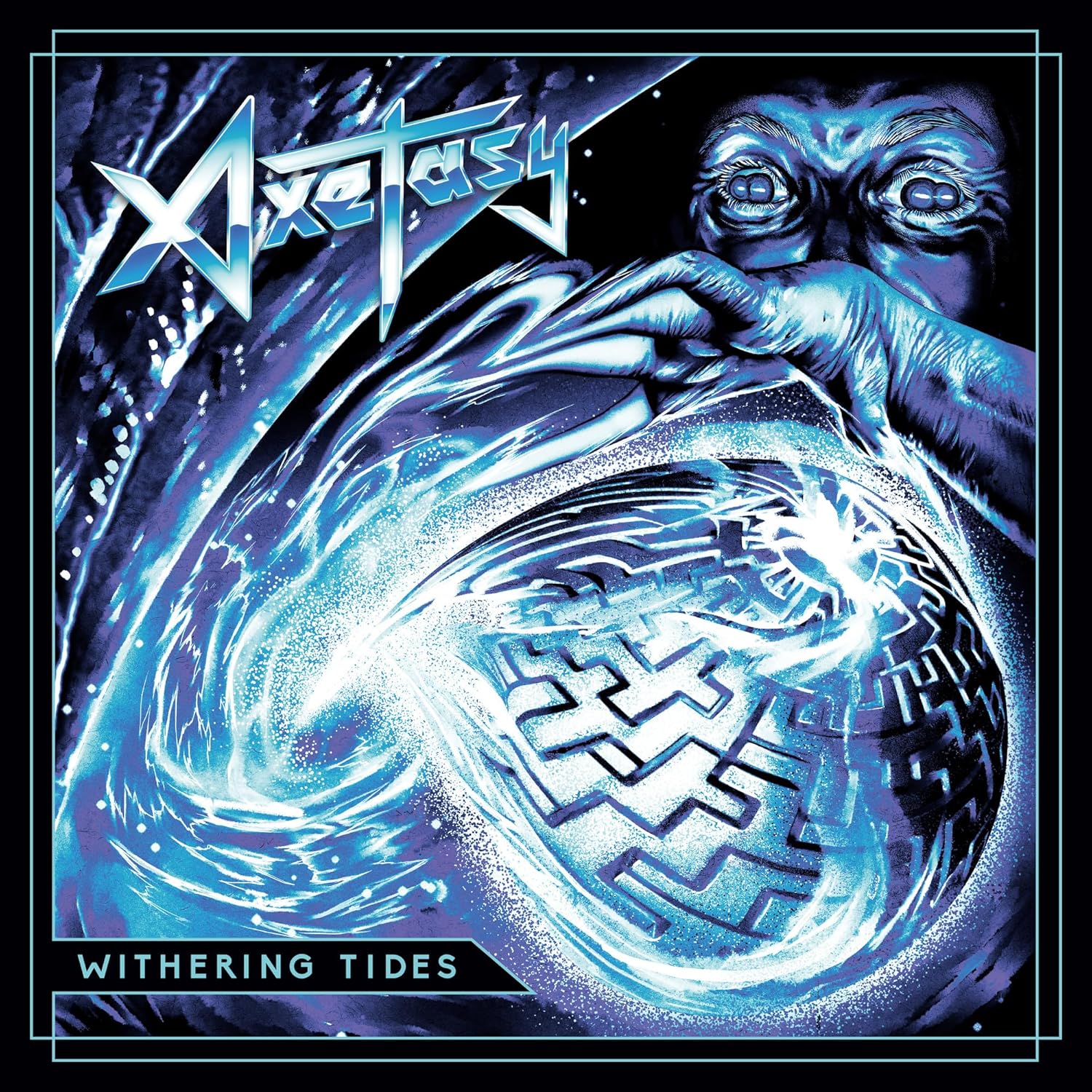 CD cover for Axetasy’s “Withering Tides,” featuring blue and white imagery.