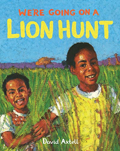 Two children smiling in tall grass on the cover of the book Lion Hunt.