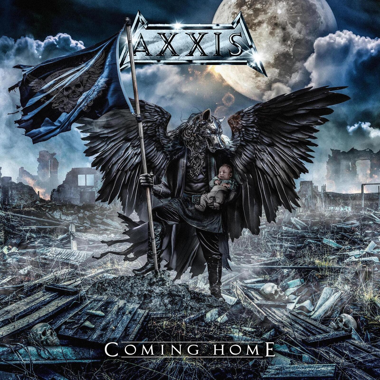 Axxis "Coming Home" CD cover: winged figure holding a baby in ruins.